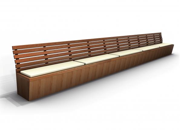 long wooden bench with cushions on a white background